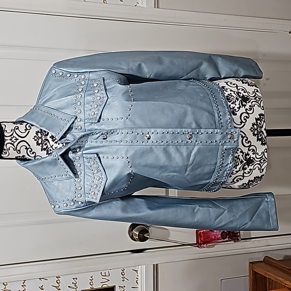bagatelle Jackets & Blazers - Bagatelle Light Blue PU Vegan Leather Pearl and Silver Studded Jacket Sm…